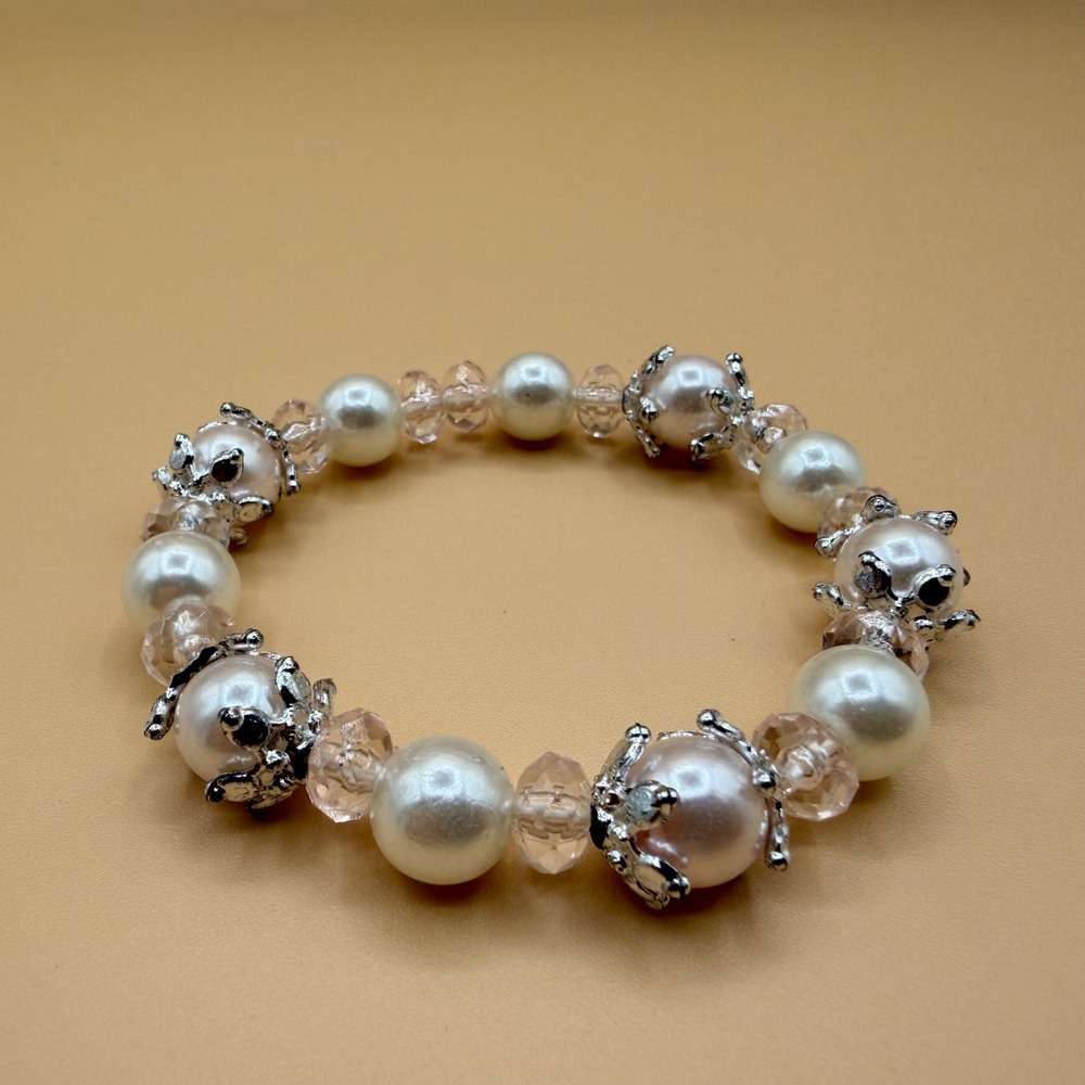 Faux Pearl Crystal Beaded Stretch Bracelet Silver Tone Floral Romantic Statement